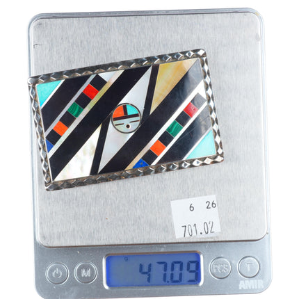 Vintage Ohmsatte Zuni sterling silver intarsia inlay sunface belt buckle