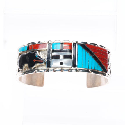 6.5" Don Dewa Zuni sterling silver sunface/bear inlay cuff bracelet turquoise