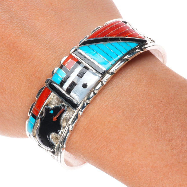 6.5" Don Dewa Zuni sterling silver sunface/bear inlay cuff bracelet turquoise