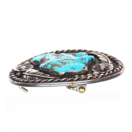 RM Vintage Navajo sterling silver belt buckle nice turquoise feather/blossom