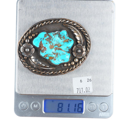 RM Vintage Navajo sterling silver belt buckle nice turquoise feather/blossom