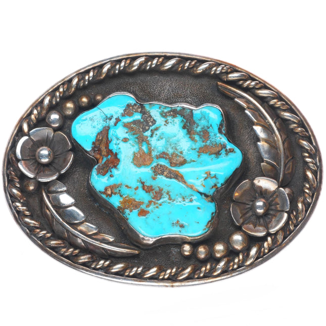 RM Vintage Navajo sterling silver belt buckle nice turquoise feather/blossom