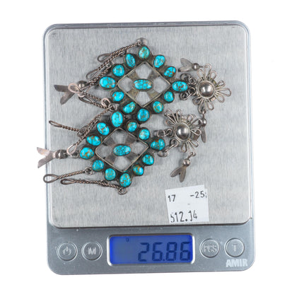 Vintage Puebloan Lone Mountain turquoise sterling silver chandelier earrings