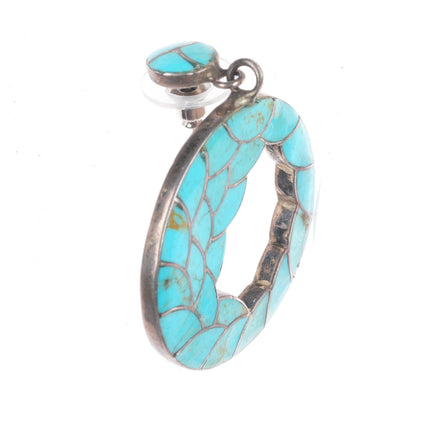 Vintage Zuni fishscale turquoise inlay sterling silver dangle Hoop earrings