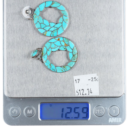 Vintage Zuni fishscale turquoise inlay sterling silver dangle Hoop earrings