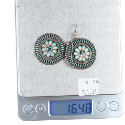 Vintage Zuni sterling silver needlepoint turquoise sunface inlay earrings