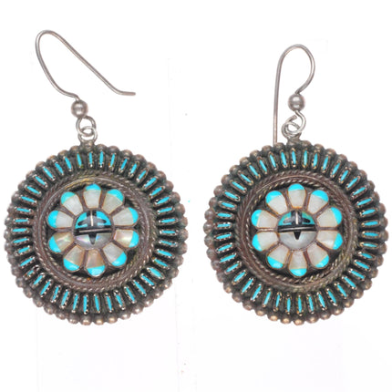Vintage Zuni sterling silver needlepoint turquoise sunface inlay earrings