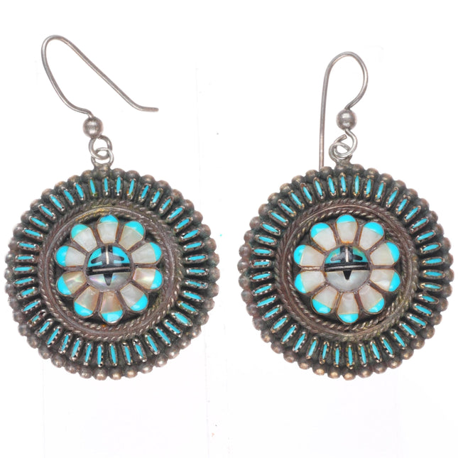 Vintage Zuni sterling silver needlepoint turquoise sunface inlay earrings