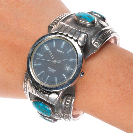 6.75" Heavy vintage Navajo Morenci turquoise sterling silver watch cuff bracelet