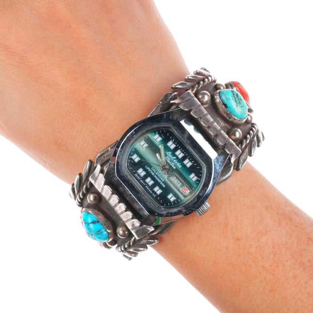 7.1" Vintage Navajo sterling silver turquoise/coral watch cuff bracelet JEW