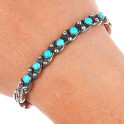 6.2" 1940's Vintage Navajo woven sterling silver turquoise row cuff bracelet