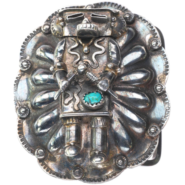 Vintage Wil Adams Navajo sterling silver Kachina belt buckle with turquoise