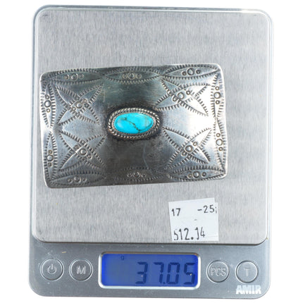 Vintage Sandoval Navajo sterling silver nicely stamped belt buckle w/turquoise