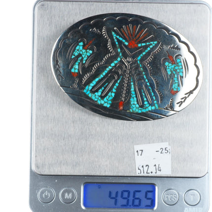 William Singer Navajo Vintage sterling silver chip inlay turquoise belt buckle