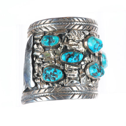 8" EGB Navajo sterling silver turquoise nugget huge men's cuff bracelet
