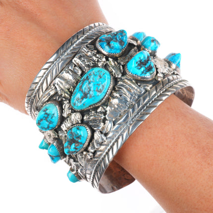 8" EGB Navajo sterling silver turquoise nugget huge men's cuff bracelet