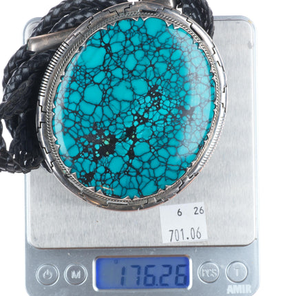 Huge Wilson Padilla Navajo sterling silver spiderweb turquoise bolo tie