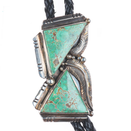 Vintage Tom Willeto Navajo sterling silver green turquoise large bolo tie