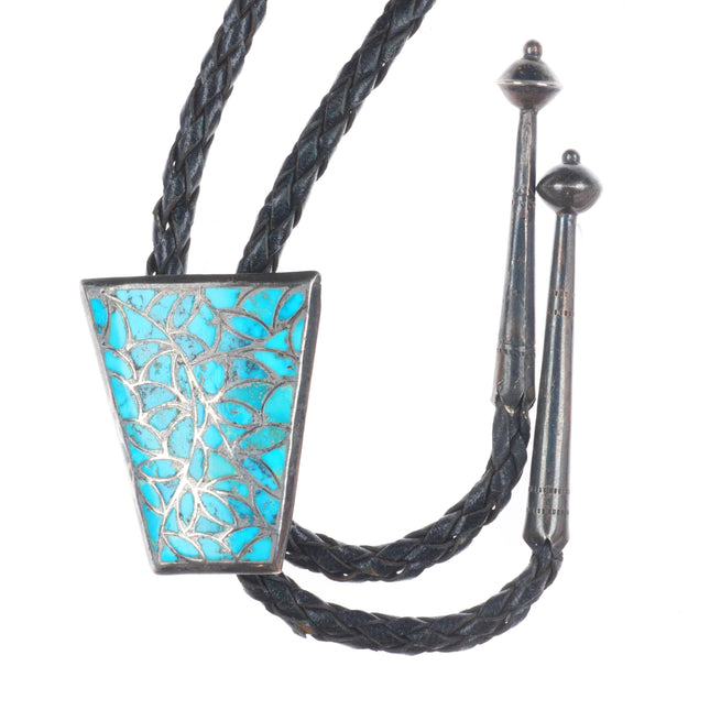 c1960 c-31 Zuni sterling silver fishscale turquoise channel inlay bolo tie