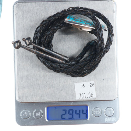 c1960 c-31 Zuni sterling silver fishscale turquoise channel inlay bolo tie