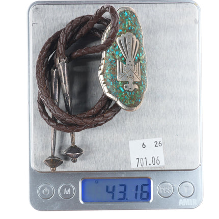 c1960 c-31 Navajo sterling silver turquoise chip inlay thunderbird bolo tie