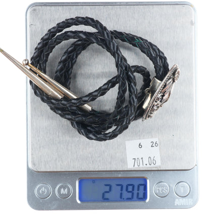 Vintage Sarah Curley Navajo sterling silver bolo tie with feather design