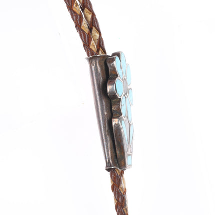 40's-50's Vintage Zuni sterling silver turquoise flush inlay flower bolo tie