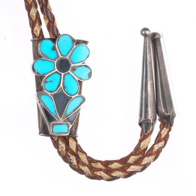 40's-50's Vintage Zuni sterling silver turquoise flush inlay flower bolo tie