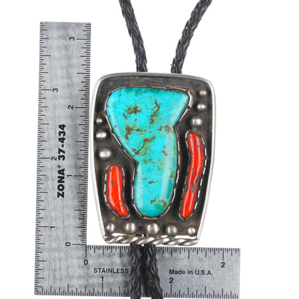 Large c1960 c-31 Navajo sterling silver turquoise/coral bolo tie