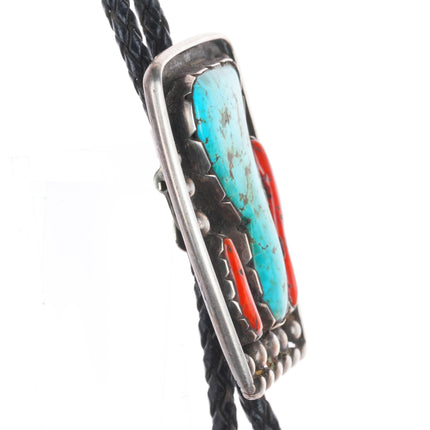Large c1960 c-31 Navajo sterling silver turquoise/coral bolo tie