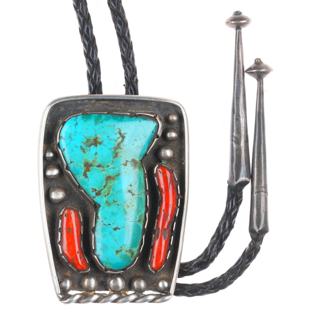 Large c1960 c-31 Navajo sterling silver turquoise/coral bolo tie