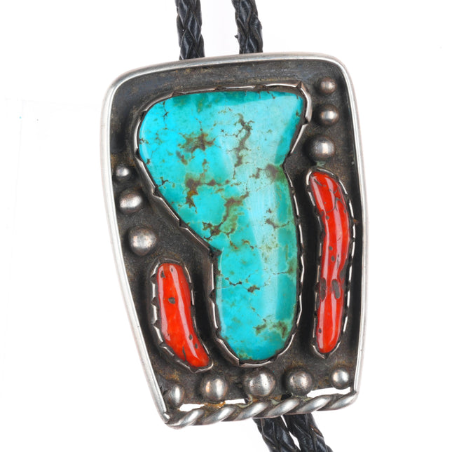 Large c1960 c-31 Navajo sterling silver turquoise/coral bolo tie