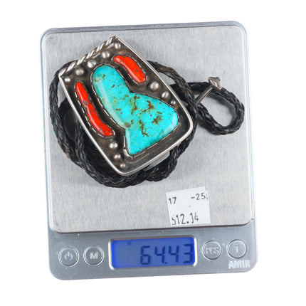 Large c1960 c-31 Navajo sterling silver turquoise/coral bolo tie
