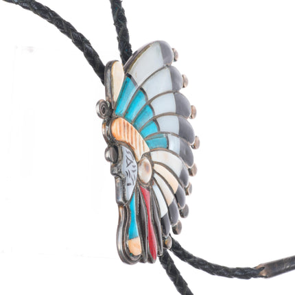 c1970 Ralph Quam Zuni sterling silver multi-stone inlay Indian Chief bolo tie
