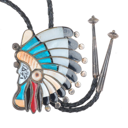 c1970 Ralph Quam Zuni sterling silver multi-stone inlay Indian Chief bolo tie