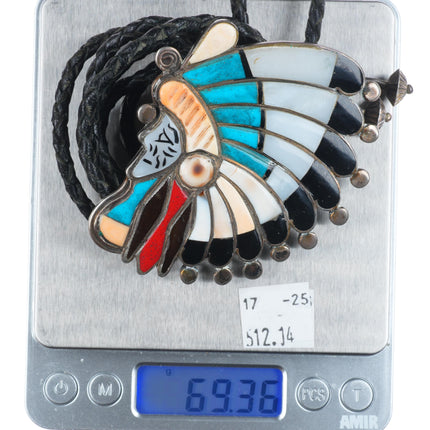 c1970 Ralph Quam Zuni sterling silver multi-stone inlay Indian Chief bolo tie