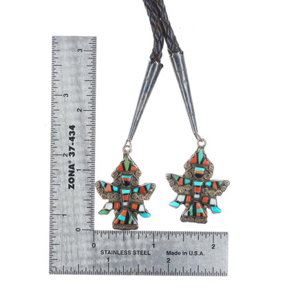 40's-50's Zuni Knifewing bolo tie sterling silver multi-stone inlay fancy tips