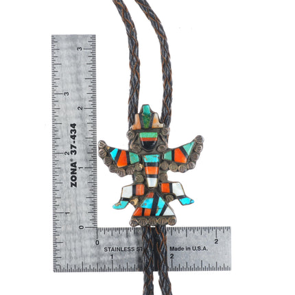 40's-50's Zuni Knifewing bolo tie sterling silver multi-stone inlay fancy tips