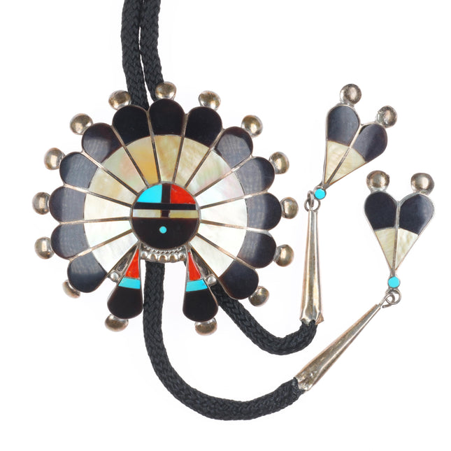 Big vintage Zuni sterling silver sunface bolo tie shell/turquoise/coral inlay