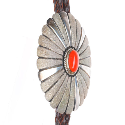 Big Leroy Begay Navajo sterling silver Mediterranean coral chiseled bolo tie