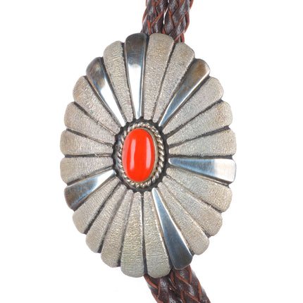 Big Leroy Begay Navajo sterling silver Mediterranean coral chiseled bolo tie