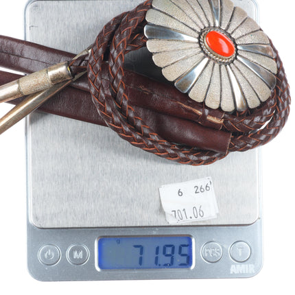 Big Leroy Begay Navajo sterling silver Mediterranean coral chiseled bolo tie