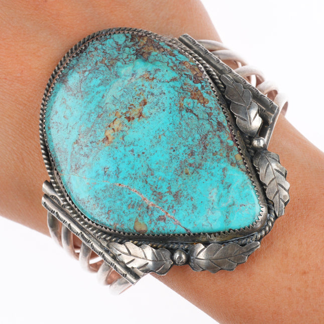 6.75" Wilbur Wauneka Navajo sterling silver vintage cuff bracelet big turquoise
