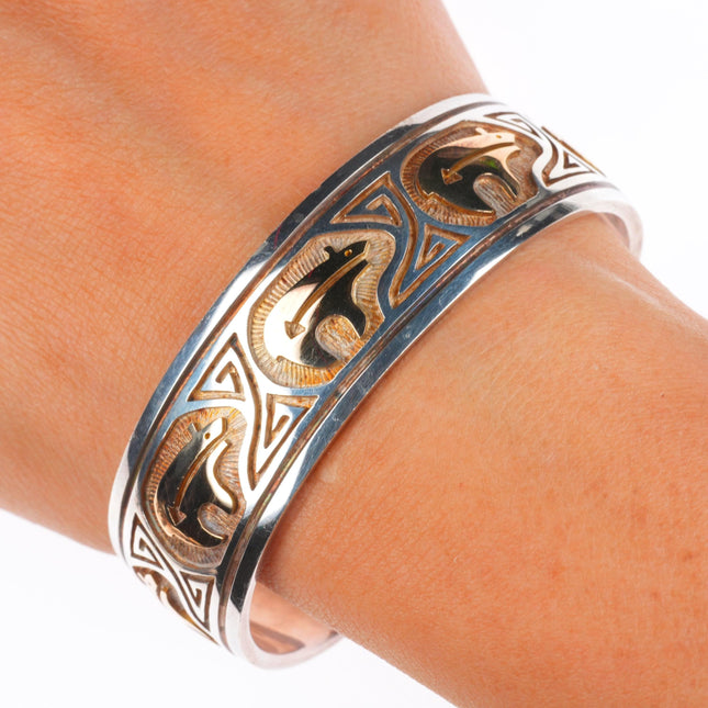 7.1" Hopi 14k gold/sterling silver heartline bear overlay style cuff bracelet