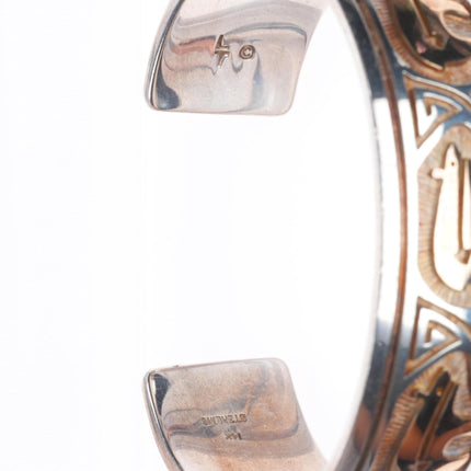 7.1" Hopi 14k gold/sterling silver heartline bear overlay style cuff bracelet