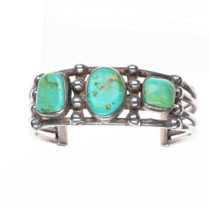 7.1" c1930's Navajo ingot silver 3 stone green turquoise cuff bracelet