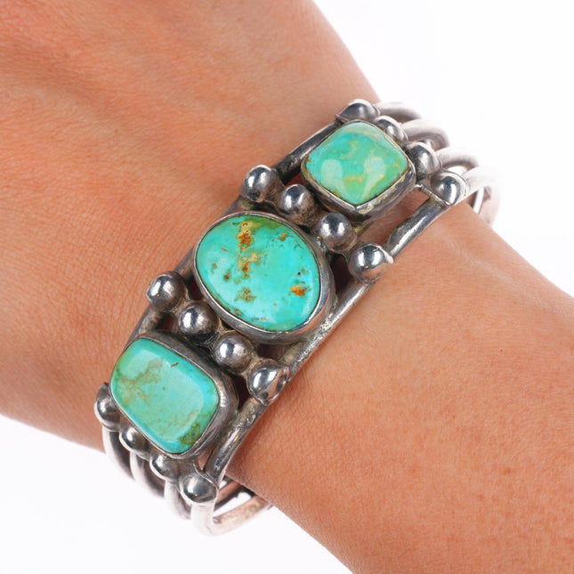 7.1" c1930's Navajo ingot silver 3 stone green turquoise cuff bracelet