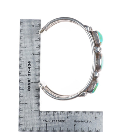 7.1" c1930's Navajo ingot silver 3 stone green turquoise cuff bracelet