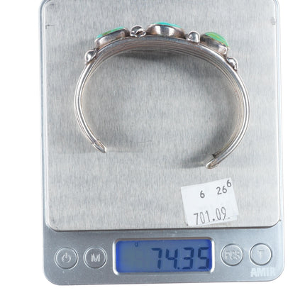 7.1" c1930's Navajo ingot silver 3 stone green turquoise cuff bracelet