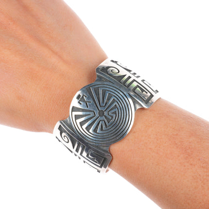 6.5" Harold Lomayaktewa Hopi overlay heavy sterling silver man in the maze cuff bracelet